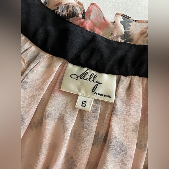 MILLY Floral Blush Silk Ruffle Printed Blouse, Size 6 - Picture 6 of 11